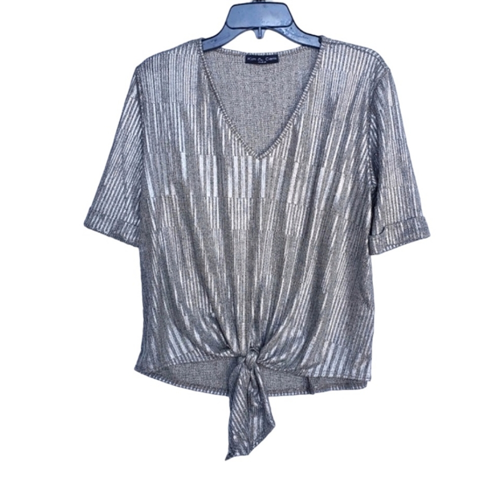 Metallic Gold/Silver/Pewter Top Short Sleeve Size M - Picture 2 of 13